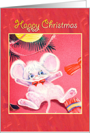 Happy Christmas, cute white mouse tugging christmas cracker card