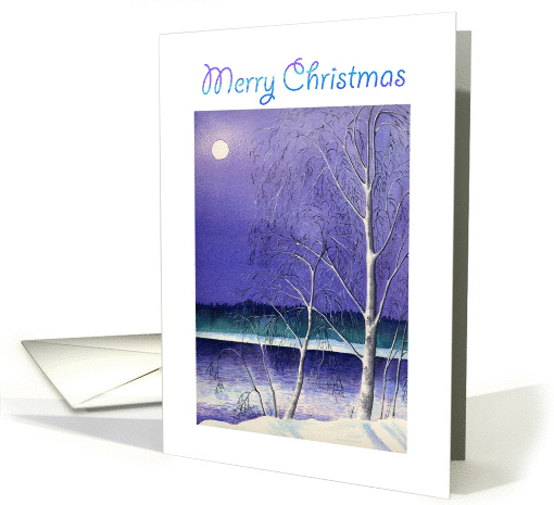 Merry Christmas-Silver Birch trees and full moon card (958997)