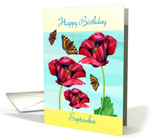 Happy Birthday- September red poppies and butterflies card (959019)