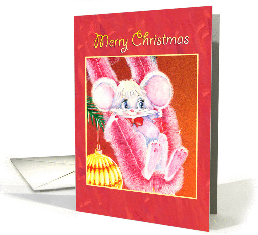 Merry Christmas-cute white mouse swinging on tinsel card (981185)