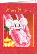 Merry Christmas-cute white mouse swinging on tinsel card