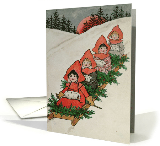 Four Little Girls on a Sledge by Florence Hardy vintage fine art card