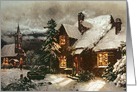 Church and Cottage with Lighted Windows by English School Fine Art Christmas Happy Holidays card