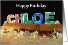 Happy birthday Chloe, name light with daisies & raindrops. card