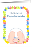 Little boy standing upside down- Happy first birthday card