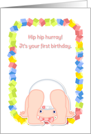Little girl standing upside down- Happy first birthday card