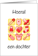 Dutch congratulations baby girl- yellow and pink icons. card