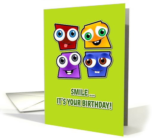 Birthday card square funny faces green card (941327)