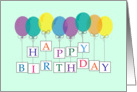 floating happy birthday with multi-coloured balloons card