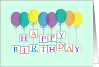 floating happy birthday with multi-coloured balloons card