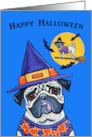 Happy Halloween Witch Bat Moon Pug Dogs card