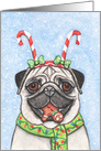 Christmas Holiday Fawn Pug Dog Candy Cane Gingerbread Man Art card