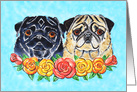 Black and Fawn Pug Dog Roses Flowers Watercolor Painting Blank card