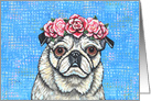 Colorful Rose Red Pink Flower Fawn Pug Pet Dog Art Painting Blank card