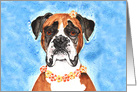 Boxer Dog Flower Lei Blue Colorful Pet Art Watercolor Painting Blank card