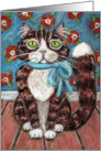 Tabby Cat with Blue Bow Flowers Pastel Painting Blank Note Card
