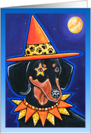 Happy Halloween Dachshund Doxie in Witch Hat card