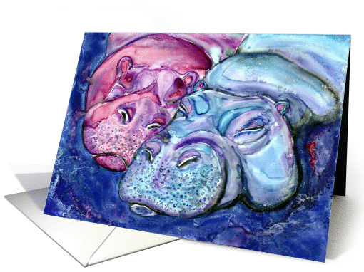 Watercolor Hippos Wild Animal Painting Blank Note card (1022859)
