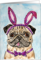 Happy Easter Bunny Rabbit Pink Purple Ears Pug Dog Painting card
