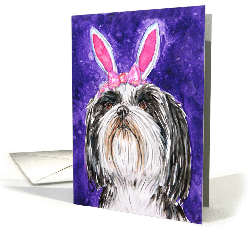 Happy Easter Pink Bunny Ears Shih Tzu Dog Painting card (1054433)