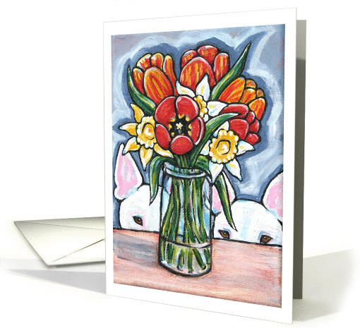 Tulip Flower Vase Bull Terrier Dog Art Blank Any Occasion card