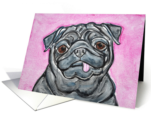 Cute Black Pug Dog Pink Tongue Blank card (1388120)