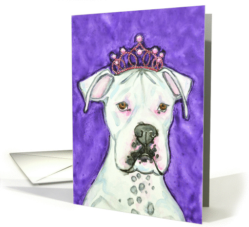 White Boxer Dog Pink Tiara Art Blank card (1388132)