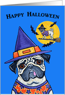 Happy Halloween Witch Bat Moon Pug Dogs card