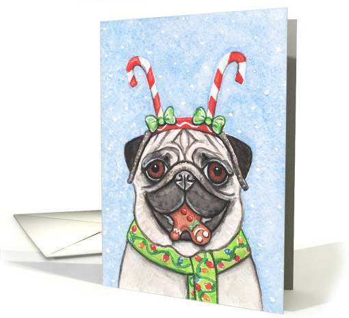 Christmas Holiday Fawn Pug Dog Candy Cane Gingerbread Man Art card