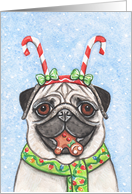 Christmas Holiday Fawn Pug Dog Candy Cane Gingerbread Man Art card