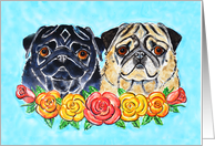 Black and Fawn Pug Dog Roses Flowers Watercolor Painting Blank card