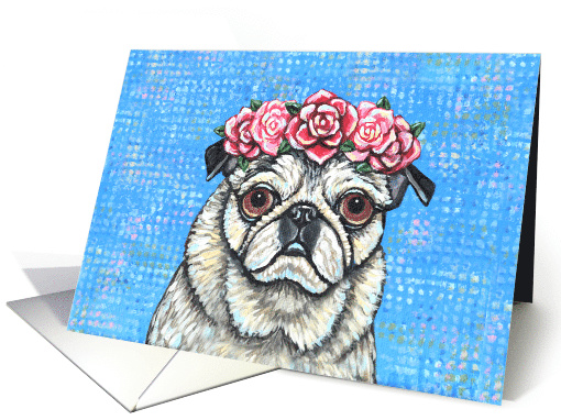 Colorful Rose Red Pink Flower Fawn Pug Pet Dog Art Painting Blank card
