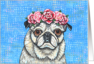 Colorful Rose Red Pink Flower Fawn Pug Pet Dog Art Painting Blank card