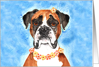 Boxer Dog Flower Lei Blue Colorful Pet Art Watercolor Painting Blank card