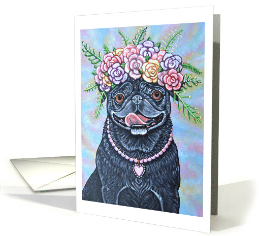Flower Black Pug Dog Canine Pet Heart Painting Blank card (1892178)