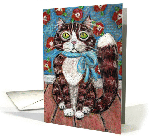 Tabby Cat with Blue Bow Flowers Pastel Painting Blank Note card