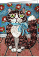 Tabby Cat with Blue Bow Flowers Pastel Painting Blank Note Card