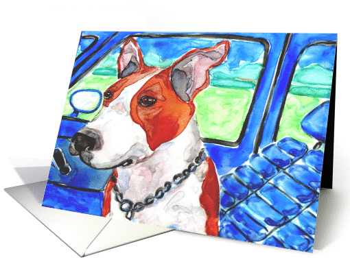 Pit Bull Terrier Dog in Blue Car Blank card (939852)