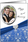 Elegant Blue Heart Damask 15th Wedding Anniversary Custom Photo Card