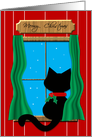 Cute Black Cat sitting in a Snowy Window ~ Meowy Christmas Card