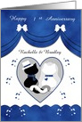 Customizable For Couple Blue Cute Cat Happy 1st Anniversary Card