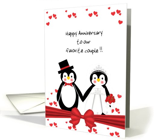 For Couple - Cute Penguin Bride & Groom Happy Anniversary card