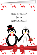 For Couple - Cute Penguin Bride & Groom Happy Anniversary Card