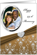 Elegant Beige Heart Damask 25th Wedding Anniversary Photo Custom Card