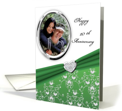 Elegant Green Heart Damask 10th Wedding Anniversary Custom Photo card