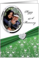 Elegant Green Heart Damask 10th Wedding Anniversary Custom Photo Card