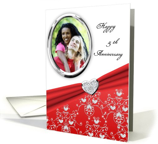 Elegant Red Heart Damask 5th Wedding Anniversary Custom Photo card
