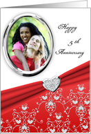 Elegant Red Heart Damask 5th Wedding Anniversary Custom Photo Card