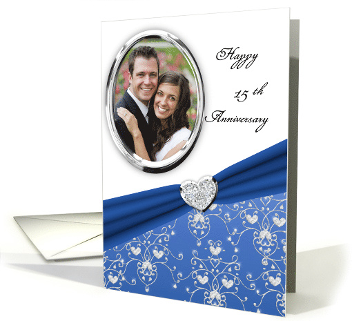 Elegant Blue Heart Damask 15th Wedding Anniversary Custom Photo card