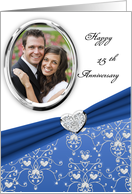 Elegant Blue Heart Damask 15th Wedding Anniversary Custom Photo Card